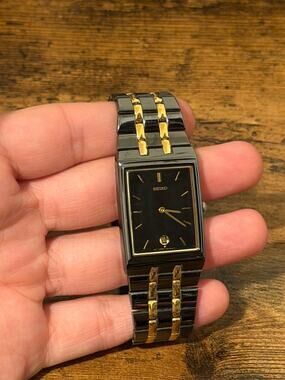 Seiko V330-4421 Black Gold Two-Tone Rectangular Quartz Watch